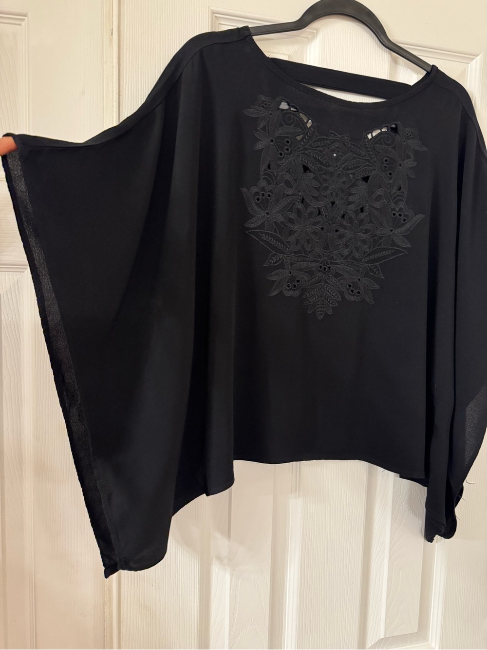 Monteau Black Woman’s Embroidered Chiffon Blouse Poncho Cape Top Boho M